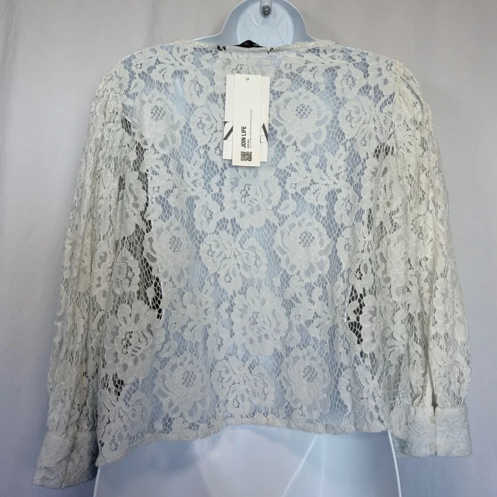 Zara Lace Blouse Floral Sheer Puff Sleeve White US M‎